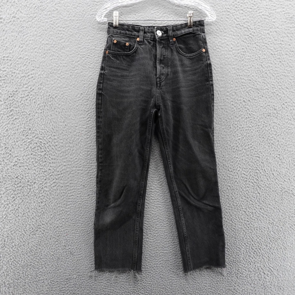Zara Straight Leg Frayed Hem Jeans Faded Black Womens Button Fly High Rise